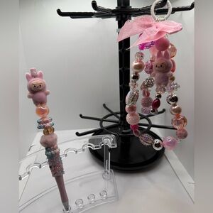 Pink La Bu Beaded Handbag Charm & Pen Set